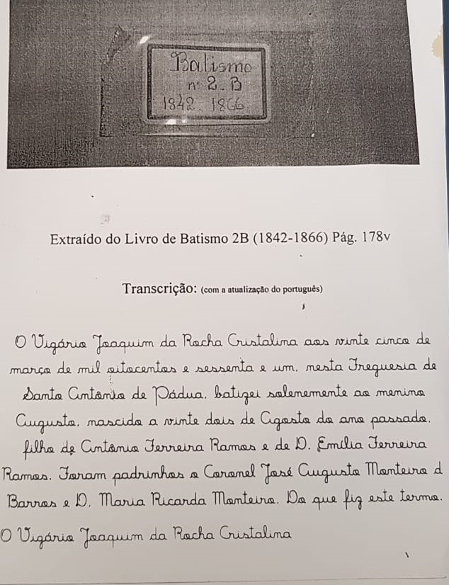 A certid&atilde;o de nascimento obtida na Igreja de P&aacute;dua pela historiadora Andreia Caldas.