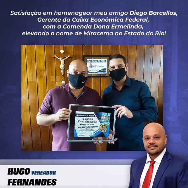 Diego Barcellos de Souza recebeu recentemente das mãos do presidente da Câmara Municipal de Miracema, Hugo Fernandes, a Comenda Dona Ermelinda Diego Barcellos de Souza recebeu recentemente das mãos do presidente da Câmara Municipal de Miracema, Hugo Fernandes, a Comenda Dona Ermelinda